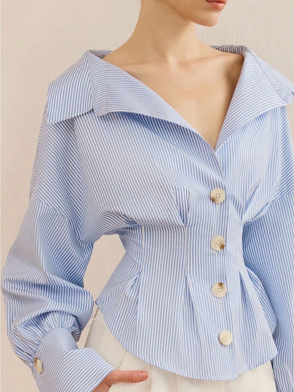 Commense Striped Collared Shirt with Waist-Cinching Design NWOT